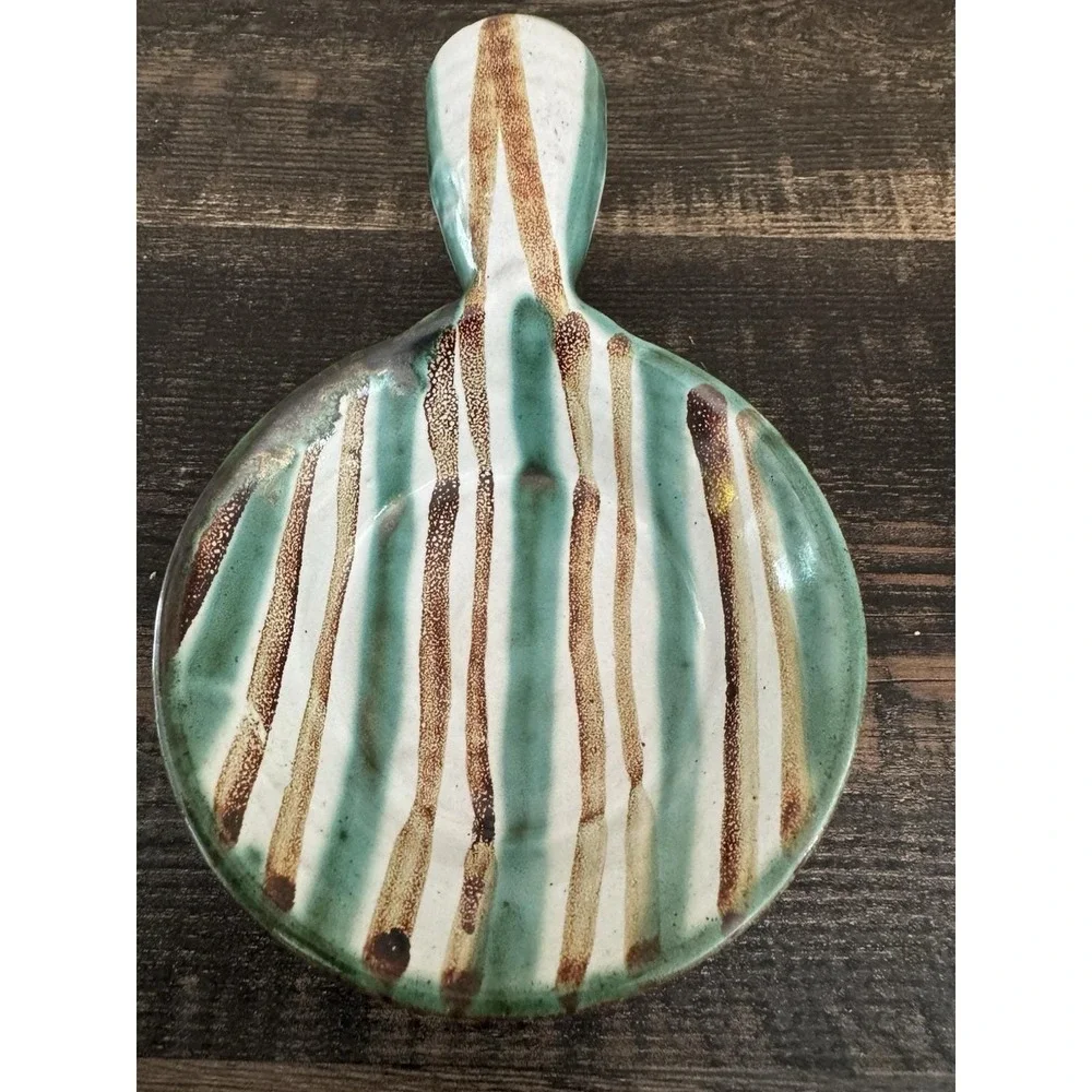 Robert Picault Vallauris France Handled Dish MCM Green Brown Stripes Pottery VTG